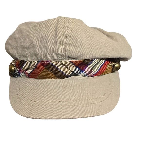 Lei Khaki Cotton Newsboy Hat With Plaid Accent & Brass Buttons boho cottagecore - Picture 2 of 9